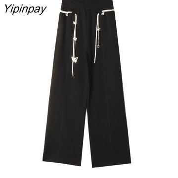 Yipinpay 2023 Autumn Wide Leg Bandage Women Full Pants Streetwear Chain Loose High Wasit Ladies Pants Female Black Trousers